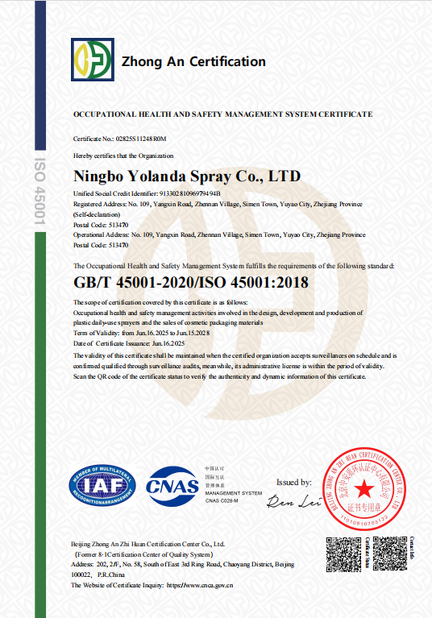 Chiny Ningbo Yolanda Spray Co., Ltd. Certyfikaty